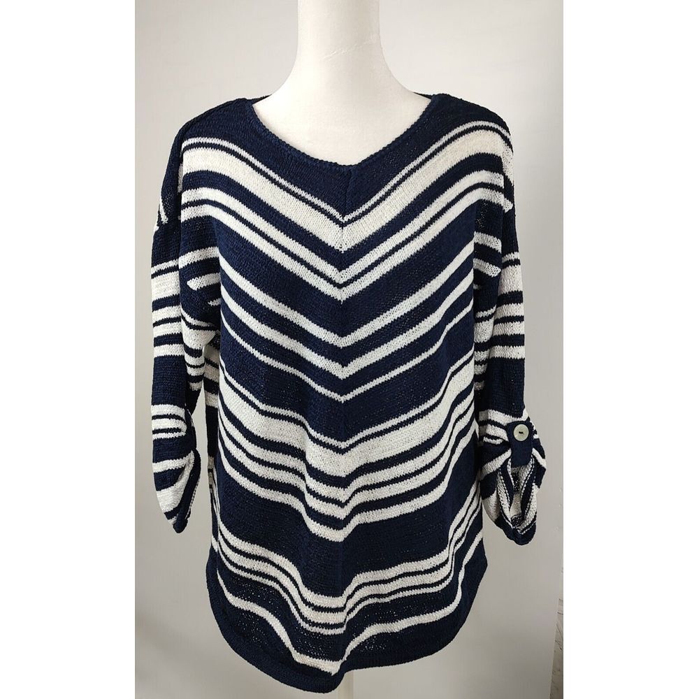 Chicos Navy‎ Blue White Striped Chevron V-Neck Roll Tab Sleeve Sweater Size 2 L